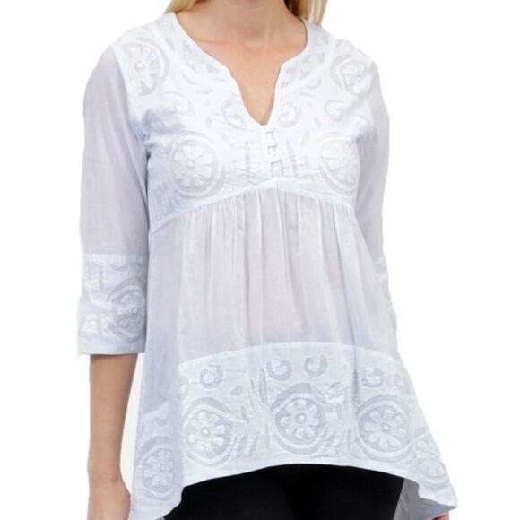 Le Cera L appliqué trimmed tunic top 100% cotton high low v neck - Picture 3 of 8